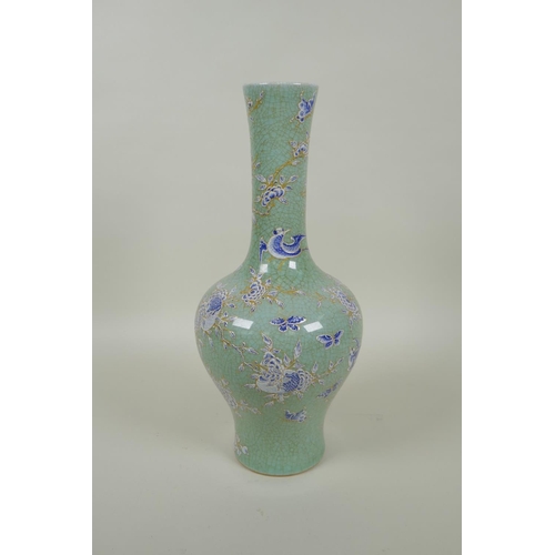 40 - A Chinese celadon crackle glazed porcelain yen yen vase with blue and white bird and pomegranate dec... 