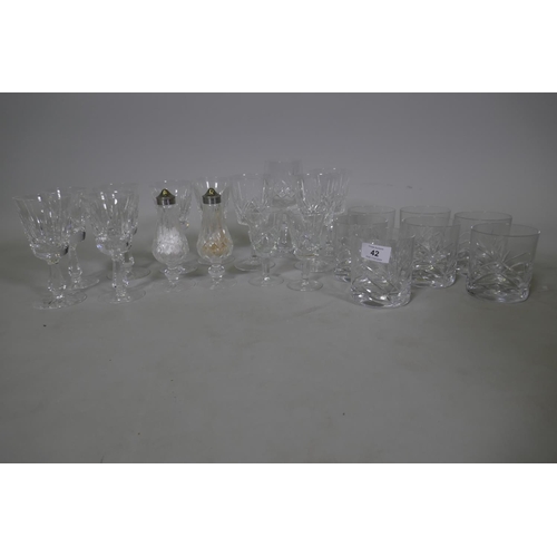 42 - A pair of Waterford crystal glass sifters with silver plated tops, six wine glasses, three lager and... 