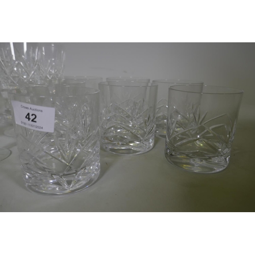 42 - A pair of Waterford crystal glass sifters with silver plated tops, six wine glasses, three lager and... 