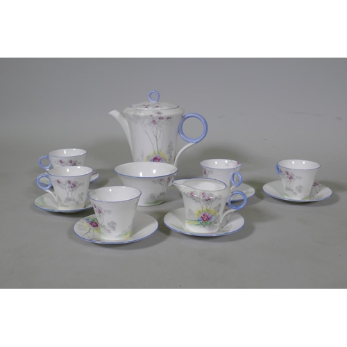 44 - A Shelley Regent shape pattern No. WS0148 six place tea set, stamped Lawley's Regent St, missing one... 