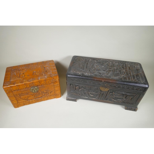 60 - Eight C19th/C20th Chinese carved camphor wood and hardwood trinket boxes decorated with figures in l... 