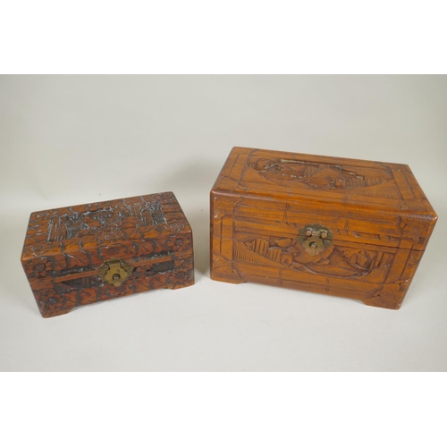 60 - Eight C19th/C20th Chinese carved camphor wood and hardwood trinket boxes decorated with figures in l... 