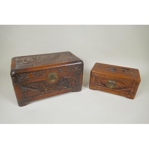 60 - Eight C19th/C20th Chinese carved camphor wood and hardwood trinket boxes decorated with figures in l... 