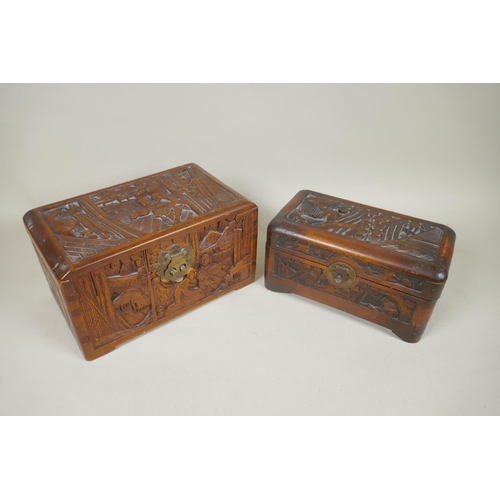 60 - Eight C19th/C20th Chinese carved camphor wood and hardwood trinket boxes decorated with figures in l... 