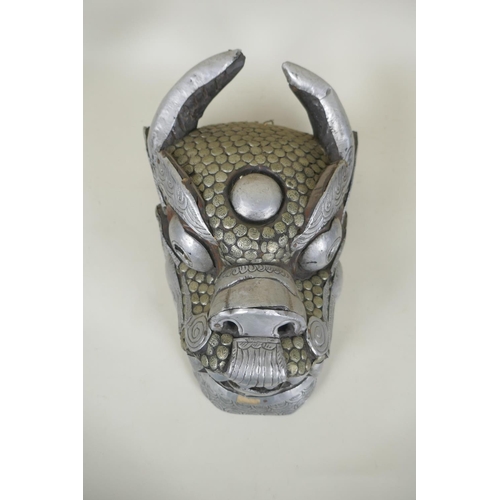 61 - A Tibetan metal mounted horned deity mask, 32cm