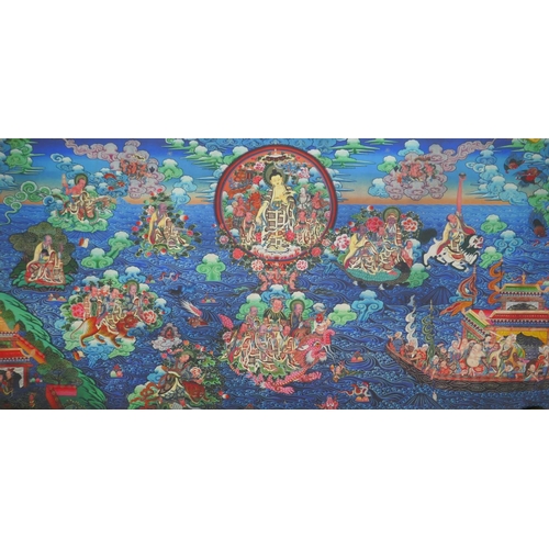 64 - An extensive Tibetan printed thangka depicting Shakyamuni Buddha, 90 x 45cm