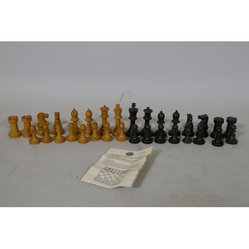 66 - Set of boxwood and ebony chess pieces, possibly K & C, king 8cm high, one pawn replaced