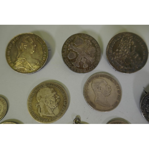 7 - Antique silver coins, C18th and C19th: four silver 5 Corona coins; Maria Theresa Thaler 1780, fitted... 