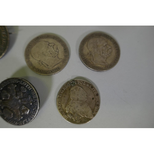 7 - Antique silver coins, C18th and C19th: four silver 5 Corona coins; Maria Theresa Thaler 1780, fitted... 