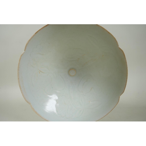 8 - An antique Chinese celadon glazed fine porcelain bowl with shaped rim and incised decoration of duck... 