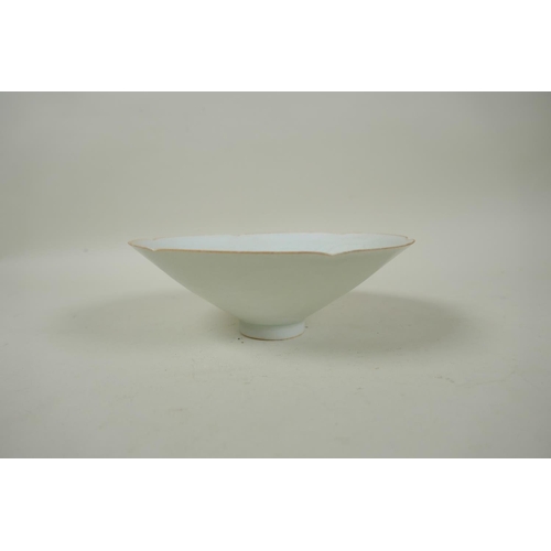 8 - An antique Chinese celadon glazed fine porcelain bowl with shaped rim and incised decoration of duck... 