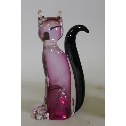 80 - A Murano Sommerso glass cat, signed to base, 18cm high