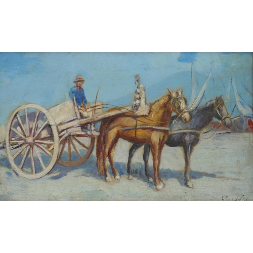 808 - E. Esposito, Maltese School, figure with horse drawn cart on a quayside, oil, 15 x 26cm