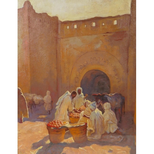 810 - After Adam Styka, (Polish, 1890-1950, arab street scene with orange traders, oil on board, 40 x 49cm