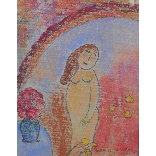 820 - Portrait of a young lady by a vase of flowers, signed Dora Holzhandler, dated 2000, mixed media on p... 