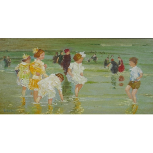 827 - After Edward Henry Potthast, (American, 1857-1927), children paddling at the beach, oil on canvas la... 