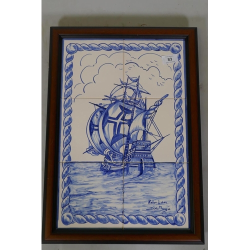 83 - Portuguese ceramic tile picture of a sailing ship, signed and labelled verso, Manuel Antonio G. Lope... 