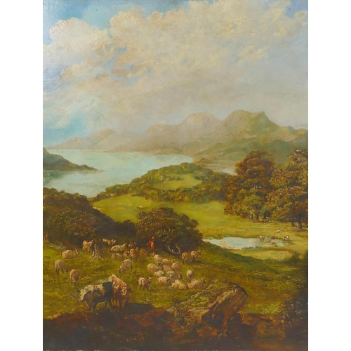 834 - William Henry Prior, lakeland landscape with drover and animals to foreground, labels verso, C19th o... 