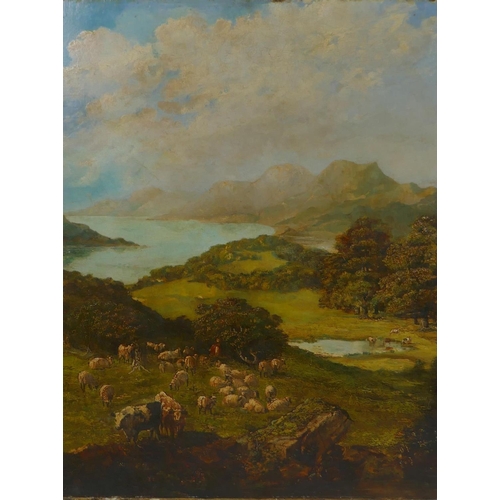 834 - William Henry Prior, lakeland landscape with drover and animals to foreground, labels verso, C19th o... 