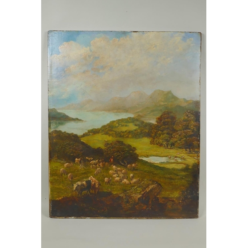 834 - William Henry Prior, lakeland landscape with drover and animals to foreground, labels verso, C19th o... 