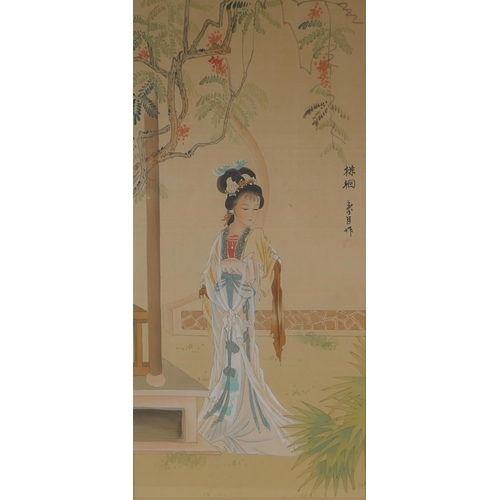 835 - A Chinese painting on silk of a wandering beauty, 22 x 48cm