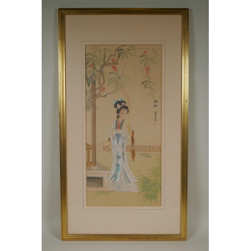 835 - A Chinese painting on silk of a wandering beauty, 22 x 48cm