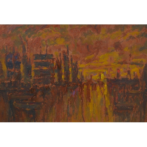 837 - Boats in a harbour at sunset, inscribed verso 'Isherwood', C20th oil on board, 34 x 48cm