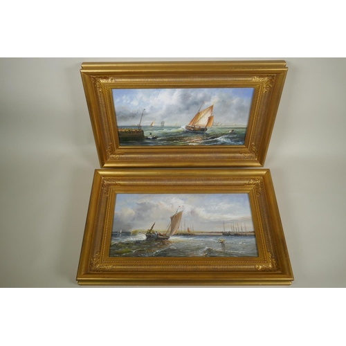 838 - A pair of maritime scenes with fishing smacks off the coast, oils on board, both 20 x 40cm, gallery ... 