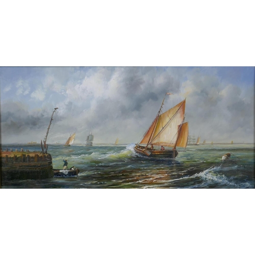 838 - A pair of maritime scenes with fishing smacks off the coast, oils on board, both 20 x 40cm, gallery ... 