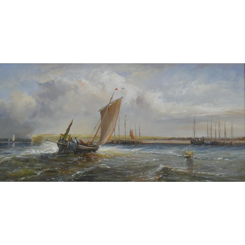 838 - A pair of maritime scenes with fishing smacks off the coast, oils on board, both 20 x 40cm, gallery ... 