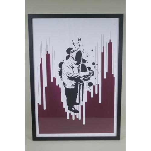 842 - A limited edition silkscreen print of graffiti artist, 5/5, monogramed in pencil, 44 x 64cm