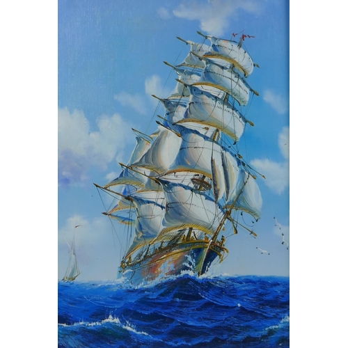 845 - In the manner of Luca Papaluca, (Italian, 1890-1934), three masted ship at full sail, oil on canvas ... 