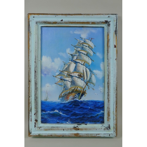 845 - In the manner of Luca Papaluca, (Italian, 1890-1934), three masted ship at full sail, oil on canvas ... 