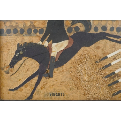 847 - A C20th mixed media collage depicting the famous showjumper, Vibart, 51 x 32cm