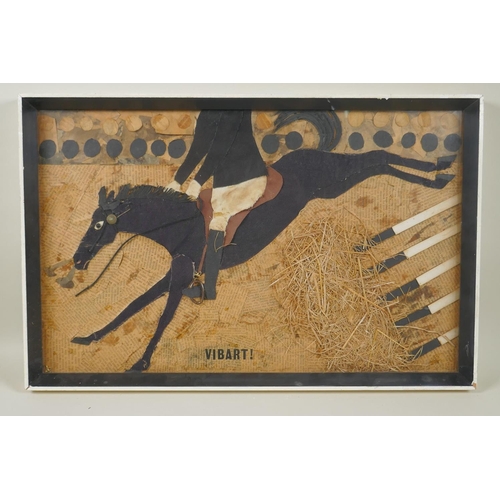 847 - A C20th mixed media collage depicting the famous showjumper, Vibart, 51 x 32cm