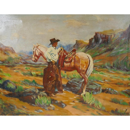 854 - Cowboy and horse in a canyon, signed Edgar Payne, (American, 1883-1947), C20th oil on canvas, canvas... 