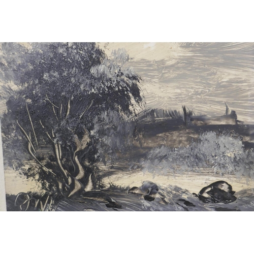 859 - Joaquim Hilario Roberts, (Portuguese), three landscapes painted en-grisaille, oil on boards, each 17... 