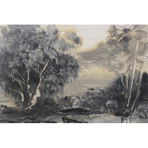 859 - Joaquim Hilario Roberts, (Portuguese), three landscapes painted en-grisaille, oil on boards, each 17... 