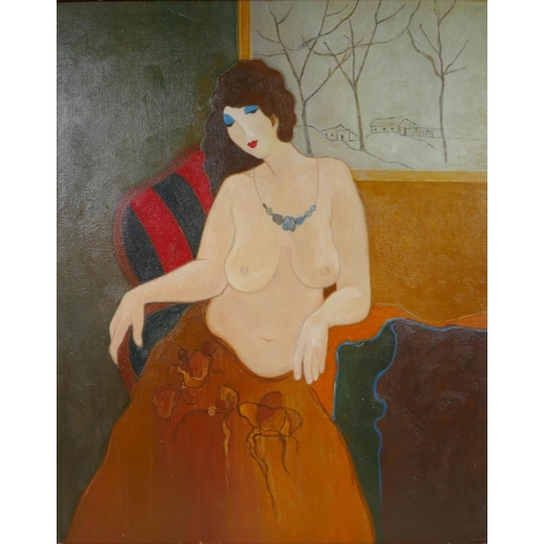 863 - After Itzchak Tarkay, (Israeli, 1935-2012), interior scene with female nude, oil on canvas board, 50... 