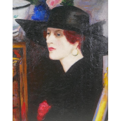 865 - After Francis Campbell Boileau Cadell, (Scottish, 1883-1937), The Black Hat, oil on board portrait, ... 