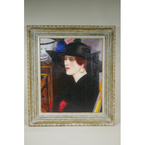 865 - After Francis Campbell Boileau Cadell, (Scottish, 1883-1937), The Black Hat, oil on board portrait, ... 