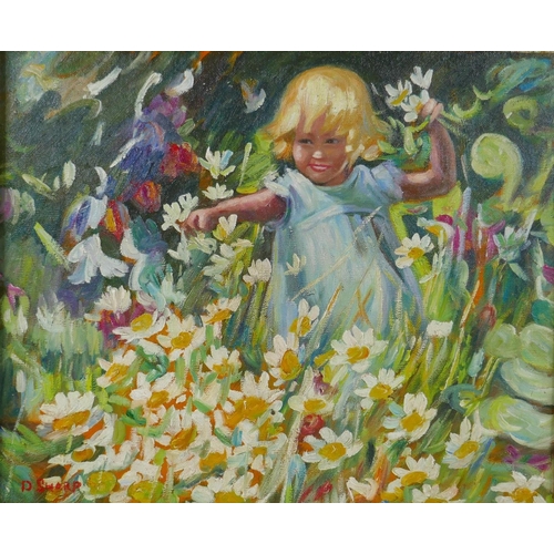 866 - In the style of Dorothea Sharp (British, 1873-1955), girl amongst flowers, oil on canvas board, 37 x... 