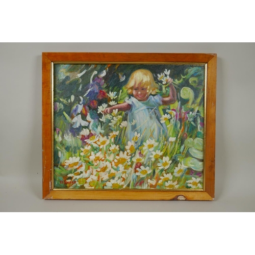 866 - In the style of Dorothea Sharp (British, 1873-1955), girl amongst flowers, oil on canvas board, 37 x... 