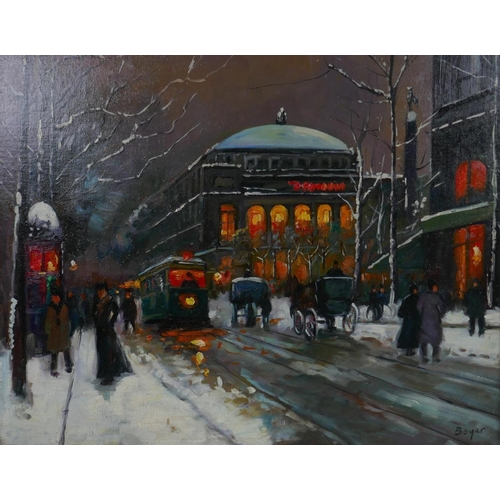 868 - In the manner of Edouard Cortes, (French, 1882-1969), Parisian street scene in the snow, signed Boye... 