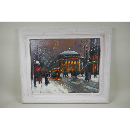 868 - In the manner of Edouard Cortes, (French, 1882-1969), Parisian street scene in the snow, signed Boye... 