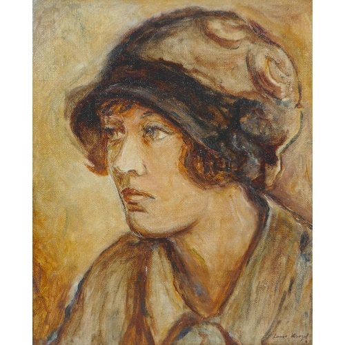 869 - C20th portrait of a woman in a bonnet, signed after Laura Knight, oil on canvas, 26 x 30cm