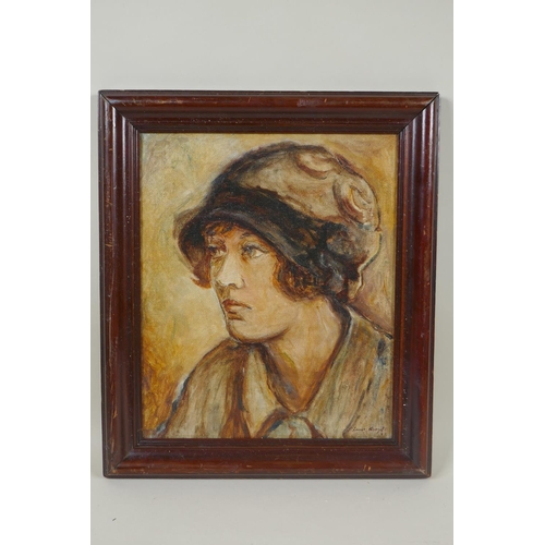 869 - C20th portrait of a woman in a bonnet, signed after Laura Knight, oil on canvas, 26 x 30cm