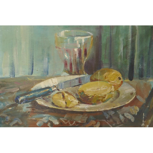 871 - Still life, plate of food, signed Lila, mic C20th, oil on board, 37 x 27cm