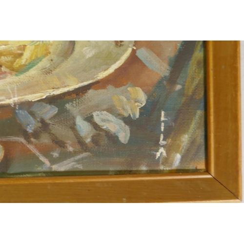 871 - Still life, plate of food, signed Lila, mic C20th, oil on board, 37 x 27cm