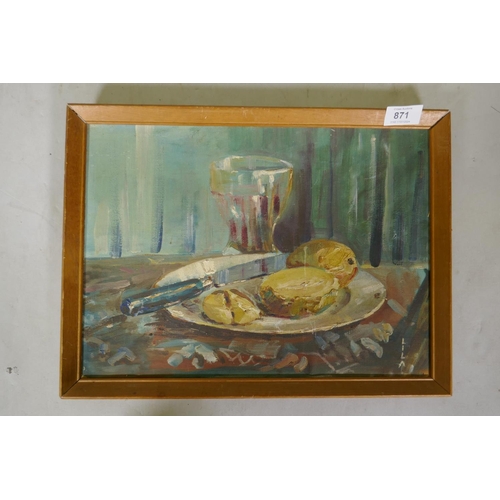 871 - Still life, plate of food, signed Lila, mic C20th, oil on board, 37 x 27cm